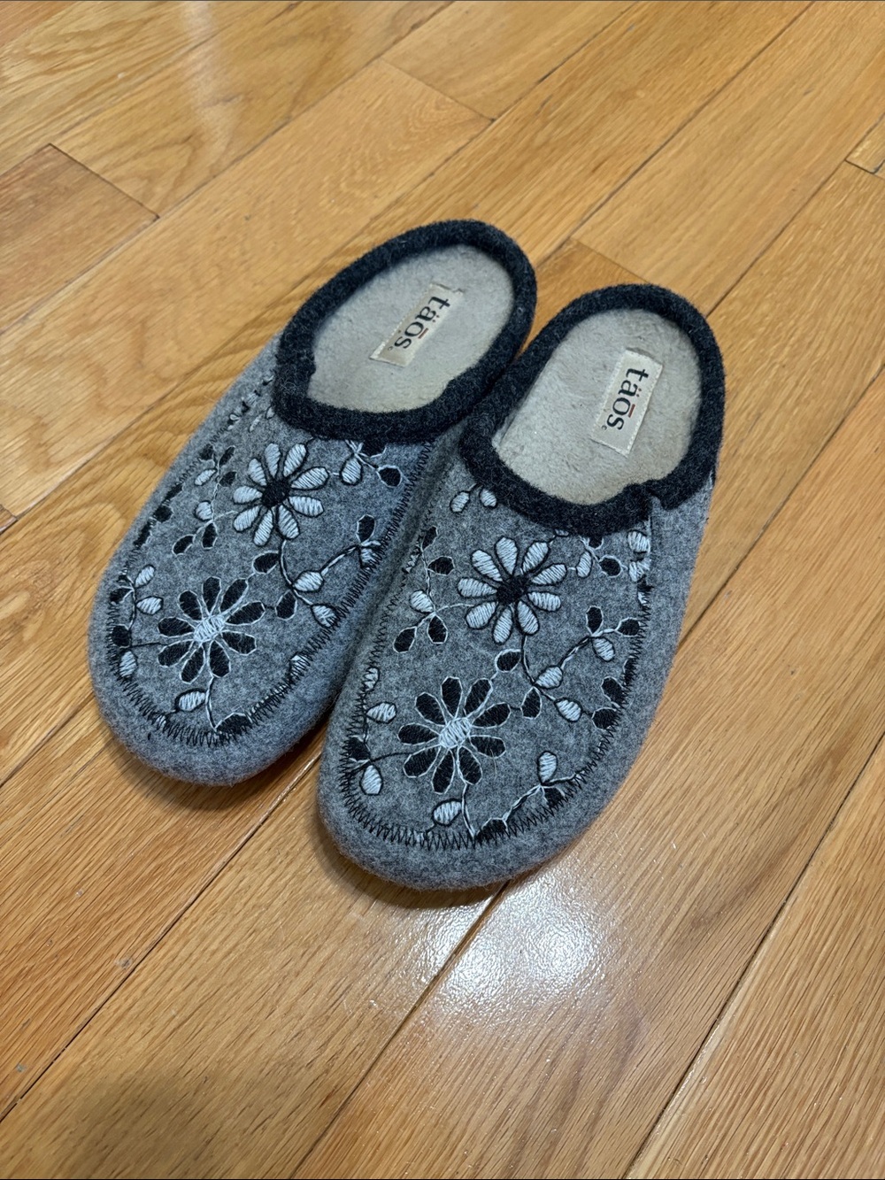 Taos Gray Floral Embroidered Wool Slip-On Women's Clogs